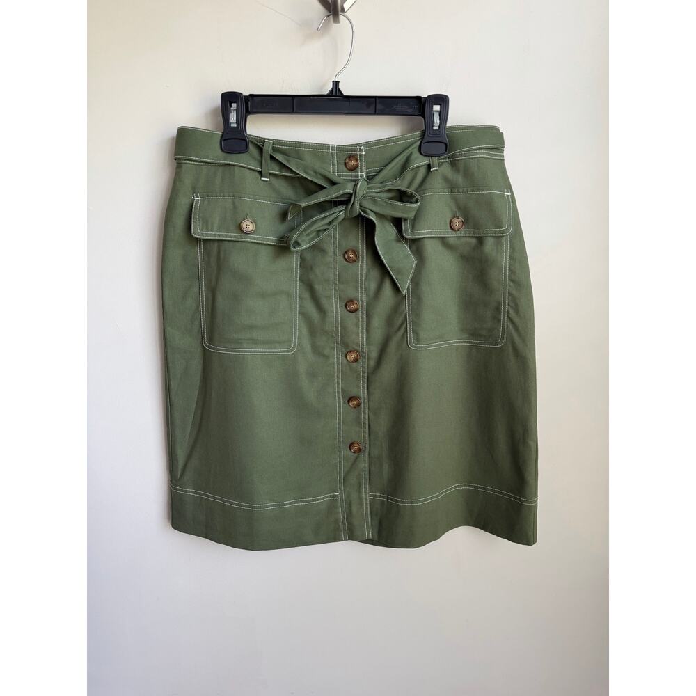 J. Crew Linen-Blend Button-Through Belted A-Line Midi Skirt Utility Green 14 NWT - Picture 2 of 9